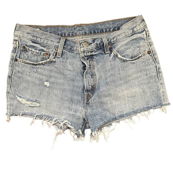 Levi's 501 Premium Jean Shorts Women's 32 Blue Button Fly Cut Off Denim - Picture 1 of 7